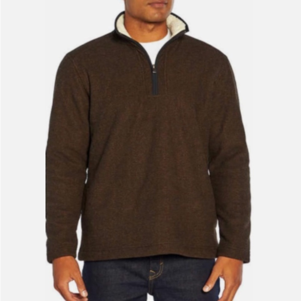 Orvis Brown Cream Sherpa Fleece Lined Quarter Zip Pullover Sweater spring comfy